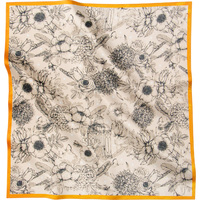 Foulard carré vintage à motif floral, bordure orange, base beige, toucher satiné soyeux, pour femme, bandana décoratif tendance