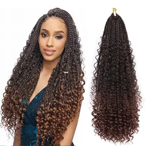 14-22" Synthetic Box Braids Crochet Bohemian Hair With Curly Ombre Pre-Looped Boho River Box Braided Crochet Hair extensions
