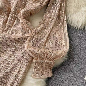 Thousand Gold Wind Senior Sense Vestido con cuello en V Mujer Manga farol Diseño de lentejuelas Pequeño Super Fairy Vestido largo - Product Image 3