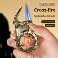 Briquet à bascule en métal créatif personnalisé, double flamme bleue droite, chambre à gaz transparente visible, rechargeable, luxe léger
