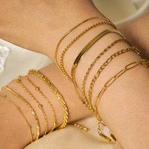 Wholesale Non Tarnish Fashion Personalized Stainless Steel Waterproof Jewelry 18K Gold Plated <b>Stacked</b> Chain <b>Bracelets</b> for Women - Product Image 3