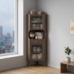 Modern Wood <b>Corner</b> Bookcase With Glass Doors 3 Shelves <b>Storage</b> <b>Unit</b> For Home Office Living Room Furniture - Product Image 1