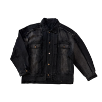 Jaket Denim Pria Streetwear Regular Musim Dingin Formal Vintage Hitam Efek Pudar Raw Frayed Splicing Panel Kancing Depan OEM ODM