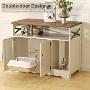 SENYU Armoire de rangement en bois blanc pour litière de chat avec portes battantes et étagères, mobilier pour animaux de compagnie pour chats - Product Image 3