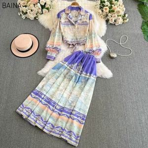 Nuovo romantico elegante due pezzi Set <span class=keywords><strong>abbigliamento</strong></span> donna intagliate stampa <span class=keywords><strong>Chic</strong></span> Top corto elastico vita alta grandi gonne Midi - Product Image 4