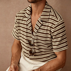 Cárdigan <span class=keywords><strong>de</strong></span> <span class=keywords><strong>Punto</strong></span> Casual <span class=keywords><strong>de</strong></span> Verano para <span class=keywords><strong>Hombre</strong></span>, <span class=keywords><strong>de</strong></span> Algodón <span class=keywords><strong>de</strong></span> Alta Calidad, con Cuello Cubano, Manga Corta, Rayas Texturizadas Retro, con Botones - Product Image 2