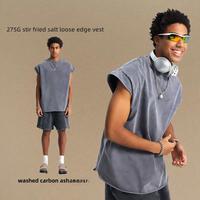Gilet d'été sans manches pour homme 100% Coton Écologique Respirant Anti-UV Infroissable Effet Délavé Bords Frangés