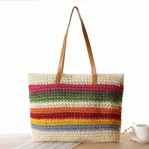 Bolso de Hombro de Mujer con Rayas Arcoíris, Bolso de Playa de Paja Tejida, Venta al Por Mayor - Product Image 6