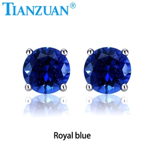 Pendiente de zafiro azul real/azul aciano creado en laboratorio 5-9mm con inclusiones forma redonda S925 pendientes de plata joyería - Product Image 2