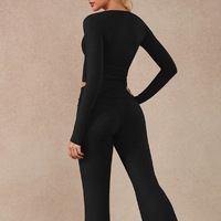 Ensemble de yoga respirant à manches longues et col en V pour femmes, 2 pièces, pantalon évasé à taille élastique, pour l'entraînement