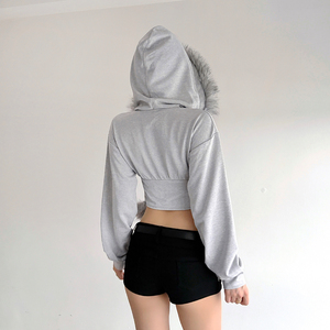 Sudadera Corta de Invierno para Mujer, con Cierre Completo, Tejida, Transpirable, Cortavientos, con Capucha, Control de Abdomen, Ribete de Piel Sintética y Bolsillos - Product Image 4