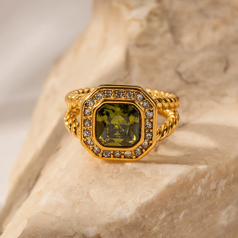 Francese Vintage Fashion Square Gem verde oliva zircone Set diamante anello aperto in acciaio inossidabile placcato oro 18 carati regolabile da donna
