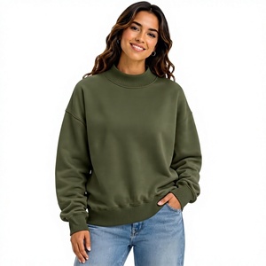 Sweat-shirt col montant uni pour femme, coupe décontractée, 100 % coton, manches longues, épaules tombantes, grande taille, best-seller hiver - Product Image 1