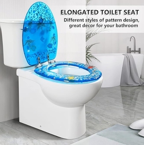 <span class=keywords><strong>Abattant</strong></span> de toilettes en résine allongé à fermeture douce, déverrouillage rapide, effets 3D, robuste avec couvercle en coquillages bleus, sièges en acrylique - Product Image 3
