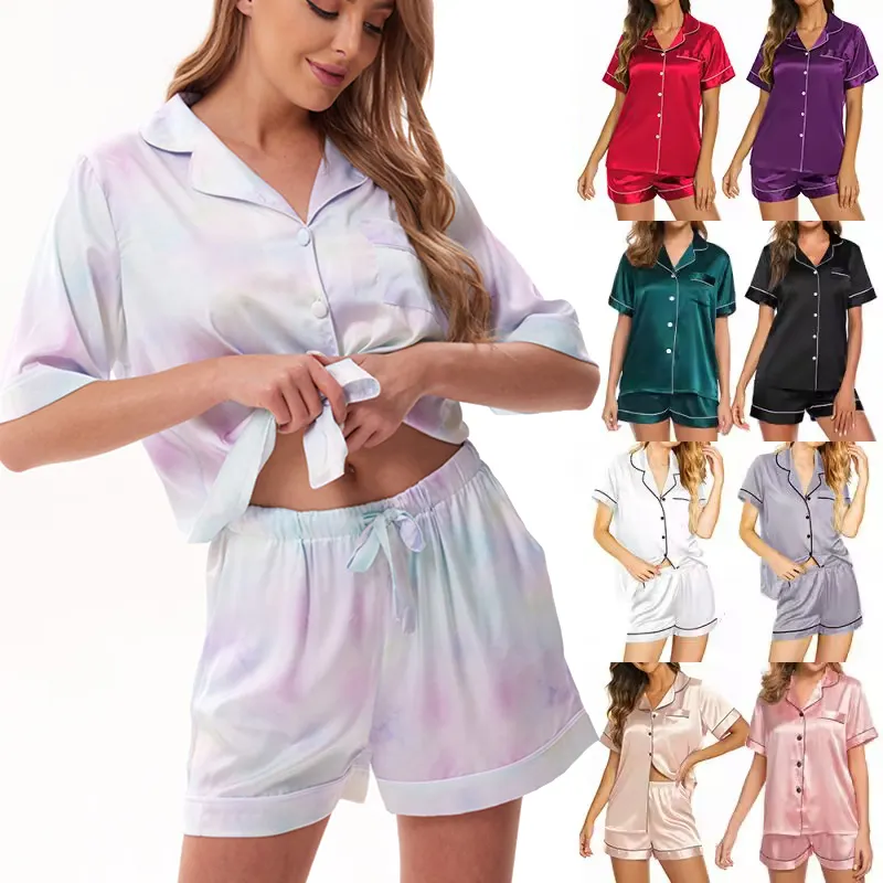 Phụ Nữ Mùa Hè Sang Trọng PJ Ngắn Tay Áo Tops Ngủ Cộng Với Kích Thước Notched Cổ Áo Loungewear Satin Lụa Đồ Ngủ Phụ Nữ Thiết Lập