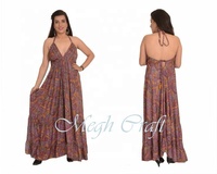 Ladies Summer Fashion Plus Size Indian Vintage Silk Saree Dress Halter Neck Maxi Beach Dress Natural Waistline for Resort Wear
