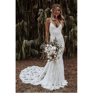 Gaun Pengantin Boho Mermaid V-Neck Tali Spaghetti Punggung Renda Rajutan Tulle Alami Panjang Menyentuh Lantai Layanan OEM untuk Pesanan Khusus - Product Image 5