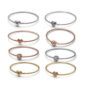 Bracelet <span class=keywords><strong>Pandora</strong></span> en argent sterling S925 avec fermoir cœur, plaqué or 14 carats, fermoir flocon de neige, bijoux fins DIY - Product Image 1