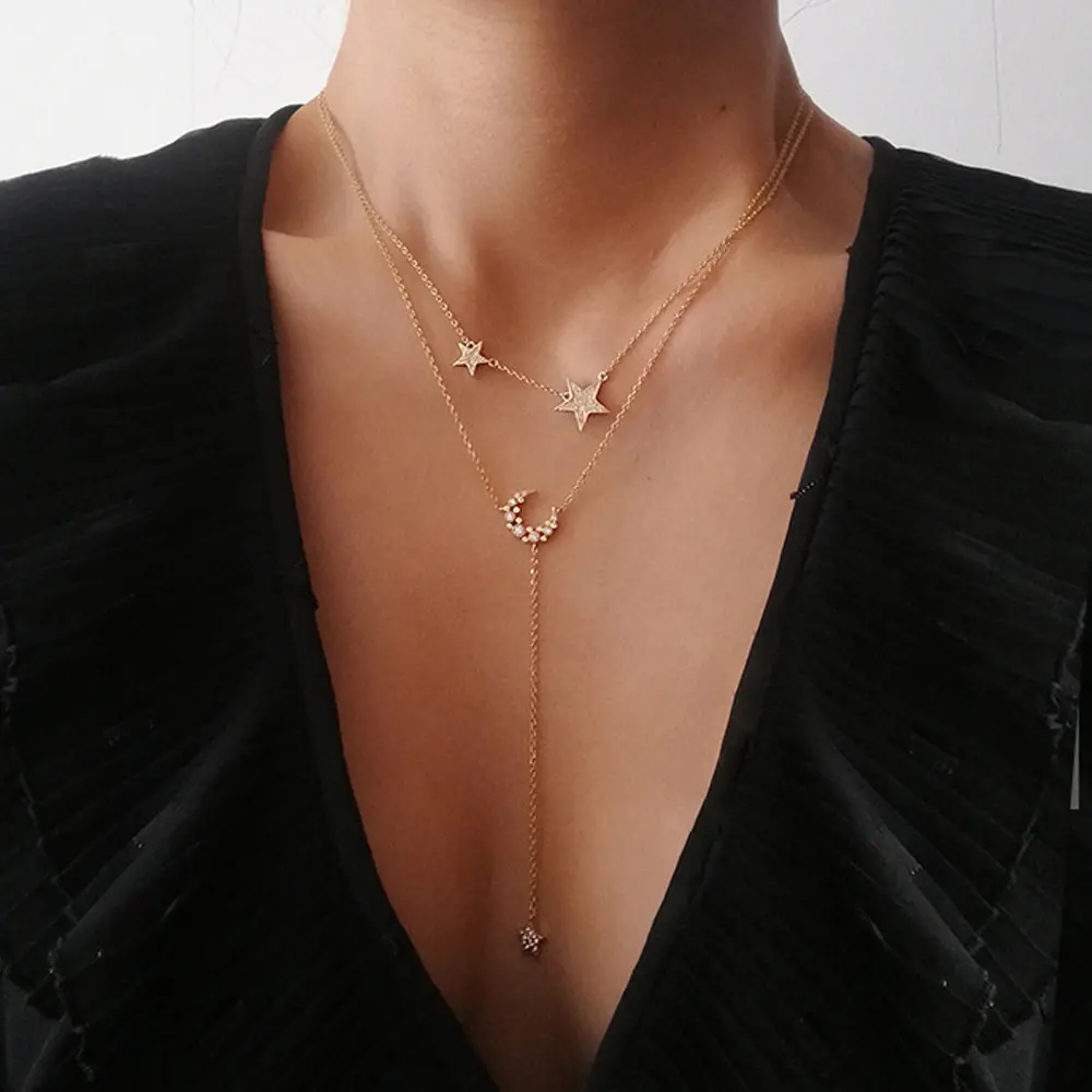 2022 New Fashion Multi-layer Full Diamond Star Moon Pendant Women's Necklace Temperament Clavicle Women Necklace