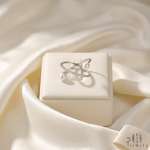 Anillo de doble perla entrelazada de diseño elegante y alta calidad, en oro blanco de 18 quilates con diamantes naturales incrustados, para uso diario. - Product Image 4