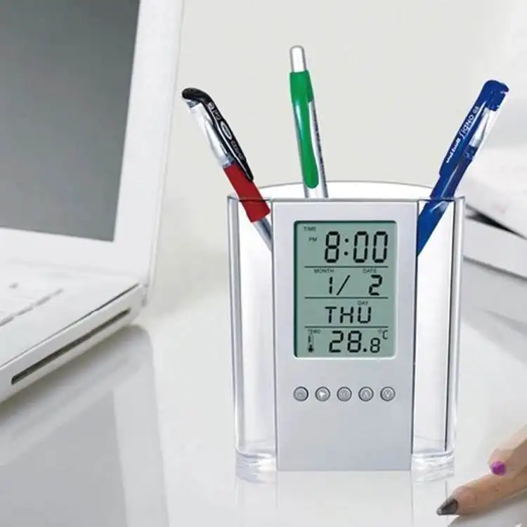 שקוף ABS רב פונקציות דיגיטלי שולחן עט/עיפרון מחזיק LCD שעון מעורר מדחום & לוח שנה תצוגת בית תפאורה