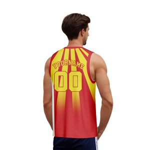 قمصان كرة سلة مخصصة بنمط العلم باللونين الأحمر والأصفر، مطبوعة بالتسامي، قابلة للتنفس، مضادة للبكتيريا، سريعة الجفاف، متوفرة بمقاسات كبيرة - Product Image 3