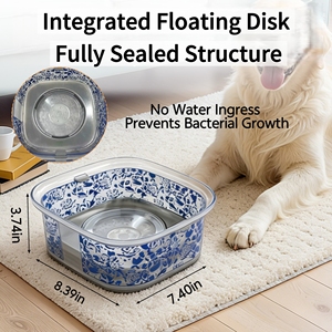 Bol à eau flottant pour chien en <span class=keywords><strong>porcelaine</strong></span> bleue et blanche <span class=keywords><strong>de</strong></span> style chinois 2L, bol anti-éclaboussures pour chien avec disque flottant - Product Image 4