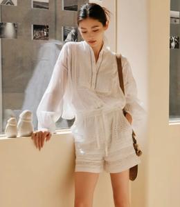 Conjunto de Shorts de Algodón Orgánico de Lujo Premium, Elegante, Casual, de Verano, con Cuello Redondo, Encaje Calado y Bordado, Transpirable, para Mujer, Marca <span class=keywords><strong>Isabel</strong></span> - Product Image 3