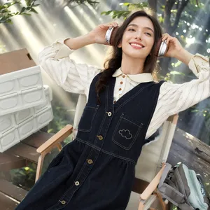 ชุดสตรี 2024 ฤดูใบไม้ร่วง-ฤดูหนาวใหม่สบายๆSlim Retroฝรั่งเศสเกลือหวานDENIMเสื้อกั๊กชุดยาวออกแบบเสื้อผ้า