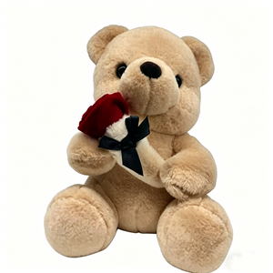 Customized Cartoon <b>Cute</b> Plush <b>Bear</b> Holding Red Rose with Black Bow Plush Pillow for Stress Relief and Valentine's Day - Product Image 1