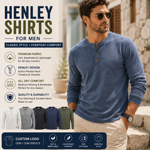 Camisetas Henley para hombre, manga larga, estilo vintage, algodón lavado, cuello con botones, camiseta informal ligera, logotipo personalizado, marca privada - Product Image 1