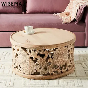 WISEMAX 가구 보헤미안 스타일 원형 커피 테이블 홈 가구 손조각 조각 호텔용 원목 거실 테이블