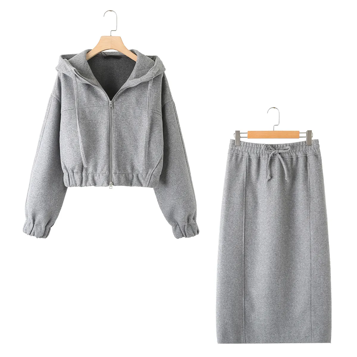 KAOPU ZA set sweter dua potong untuk wanita, kaos serut motif tekstur bulu Kempa dan rok midi pinggang tinggi