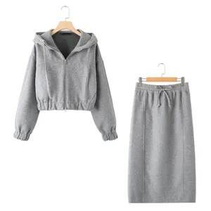 KAOPU ZA Damen Kordelzug-Hutte zugeschnittenes Filz-Textur-Sweatshirt und hoher Taill-Midi-Srock zweiteiliges Set