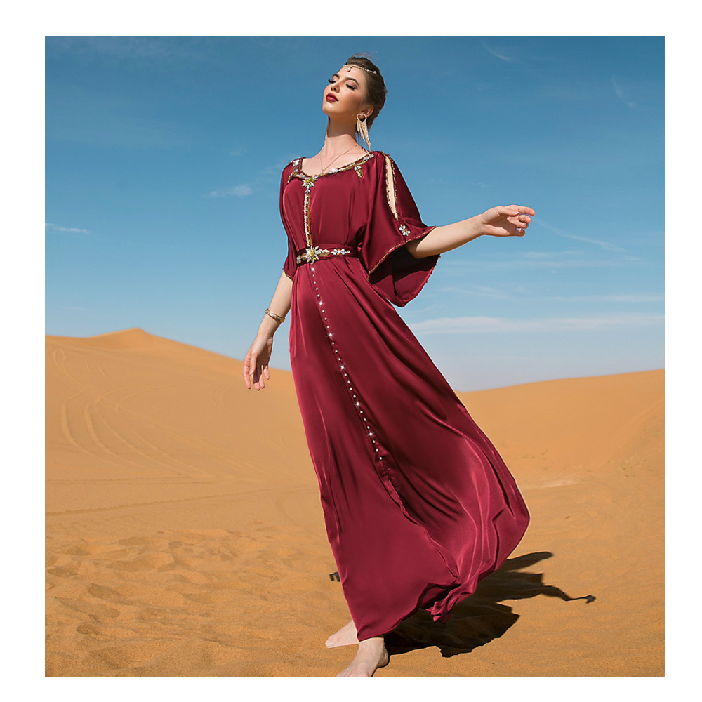 SIPO Burgundy Off-The-Shoulder Hand-Sewn Diamond Design Short-Sleeve Dress  Middle East Party Festive Dress with Beadings Pattern| Alibaba.com