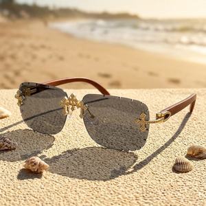 Lunettes de soleil de luxe sans monture, verres polarisés gris foncé, monture en bois, décor doré, unisexe, protection solaire pour adultes - Product Image 1