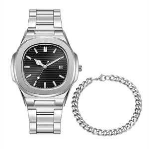 クォーツ時計カレンダー付きファッション高級スクエアステンレス鋼メンズウォッチセットMontres Pour Hommes - Product Image 5