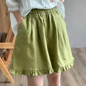 Cotton Linen Shorts Women Green <b>Elastic</b> Waist Wide Leg Ruffled Edge Casual Summer Pants QY518 - Product Image 1