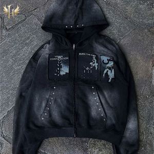 500GSM Hoodies Metal Rivet Custom Cut and Sew Splicing Sun Faded Acid Wash Zip up Distressed Embroidered Hoodies - Product Image 3