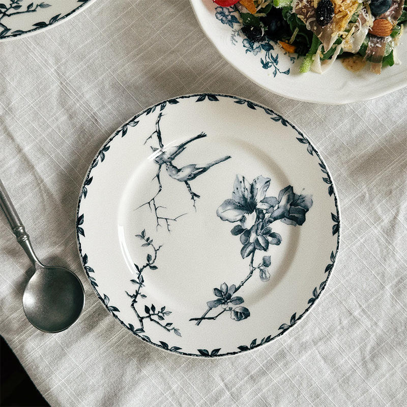 Ink blue flower bird flat plate 20cm