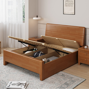 Nordic Style Solid Rubber Wood <b>Storage</b> <b>Bed</b> Frame Hydraulic Lift Drawers Eco-friendly <b>Double</b> Bedroom Furniture QN-SWB007 Modern D - Product Image 3