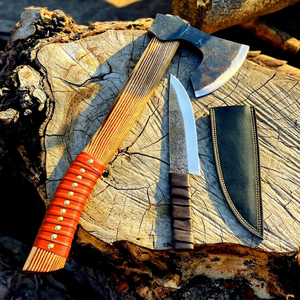 Hacha de Acero con Alto Contenido de Carbono Hecha a Mano, Diseño de Hoja para Pelar, Mango Envolvente de Madera, Funda de Cuero, Cuchillos para Partir Leña, Pasha Enterprises - Product Image 1