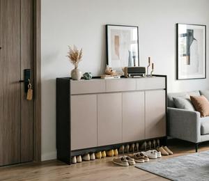 Meuble à chaussures moderne et mince, écologique et durable, avec rangement inférieur ouvert, organisateur <span class=keywords><strong>d</strong></span>'entrée à 3 portes, finition beige et noir, gain de place, pour salle de sport - Product Image 6