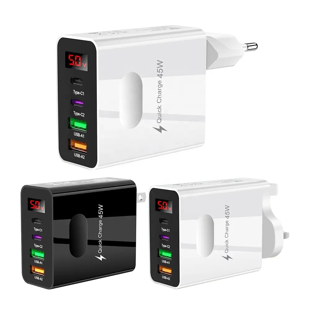 2024 nuovi arrivi EU US UK plug 45W 2USB + 2PD caricatore per telefono a LED adattatore per Display digitale Multi-porta testa di ricarica