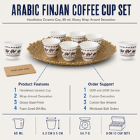 Ensemble de tasses à café arabes en céramique Finjan Cawa 60 ml sans anse, vente en gros, hôtel, restaurant, coffret cadeau, fournisseur OEM ODM