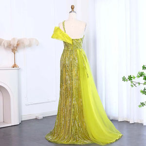 Jancember LSZ023 vestidos de noche asimétricos amarillo lima con abertura de sirena para fiesta - Product Image 3