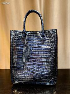 Bolso de mano retro de cuero genuino de cocodrilo del Nilo 100% auténtico, lujoso, suave, de diseñador, a la moda, de gran capacidad, para mujer y hombre, abierto - Product Image 5