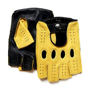 Guantes de Motociclista Retro de Cuero Genuino para <span class=keywords><strong>Hombre</strong></span>, de Medio <span class=keywords><strong>Dedo</strong></span>, Perforados y Transpirables, con Diseño en Contraste - Product Image 4
