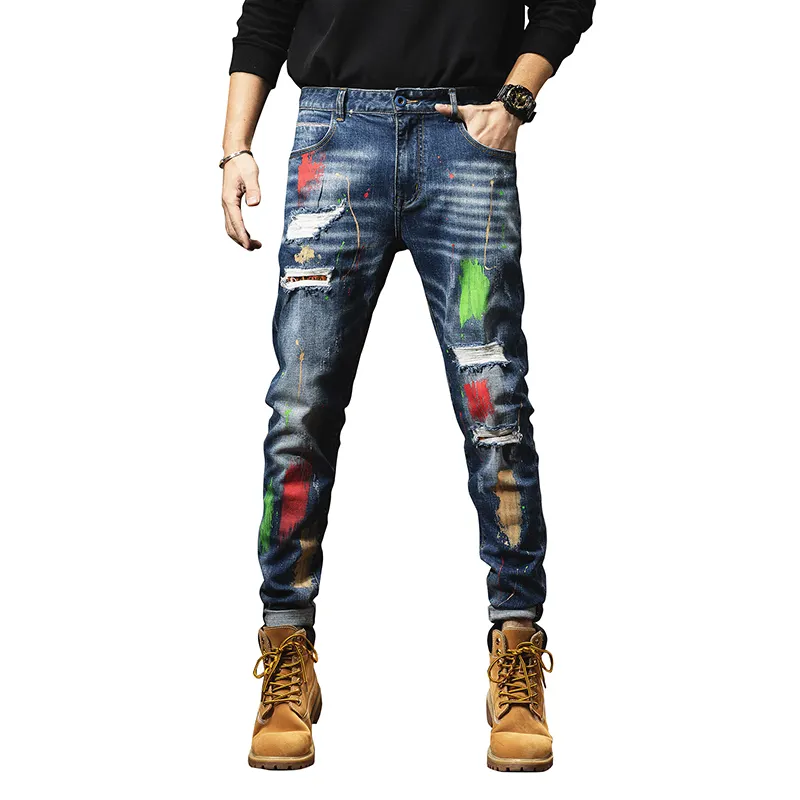 high-street high elastic ripped jeans patch printed classic vintage blue men's jeans