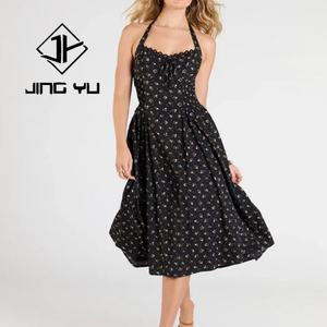 ชุดเดรสลำลองแบบผูกคอ ลายดอกไม้ คุณภาพสูงจากโรงงานผู้ผลิต (OEM)  ผ้าเรยอนวอยล์ 100%  แบบสั่งตัดได้  ความยาวปานกลาง เหมาะสำหรับงานปาร์ตี้ - Product Image 1